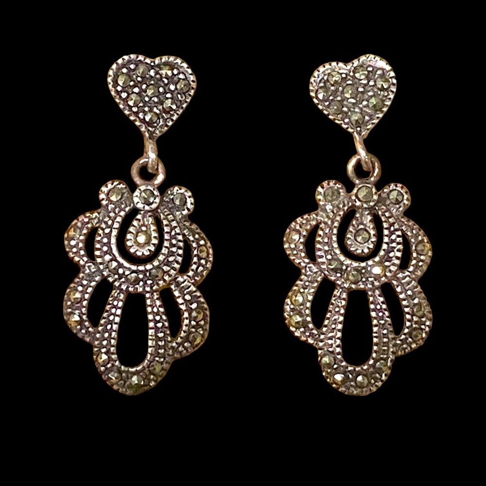 Sterling Silver 925 Marcasite Earrings vintage heart art noveau signed SU